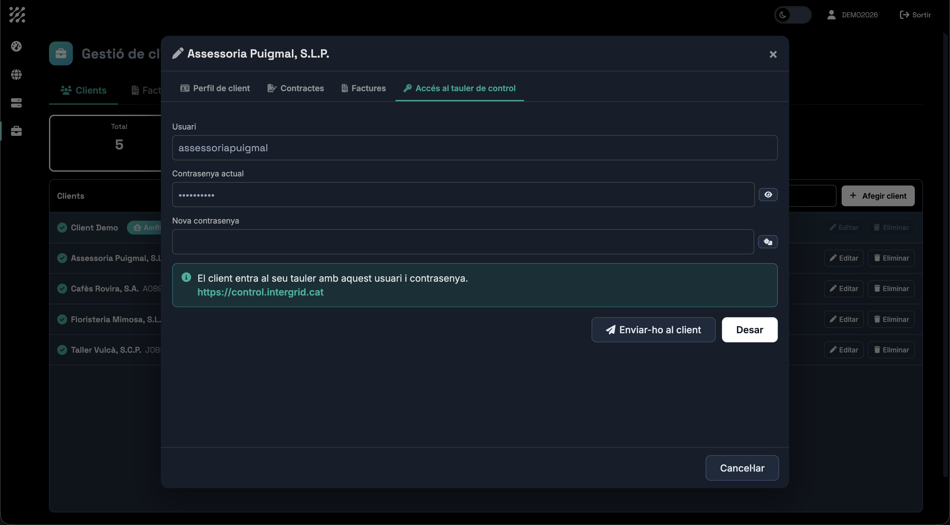 Fitxa de client amb l'accés al tauler de control propi